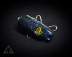 Blue fishing lure with a yellow eye on a black background, branded 'Atlas Lures'.