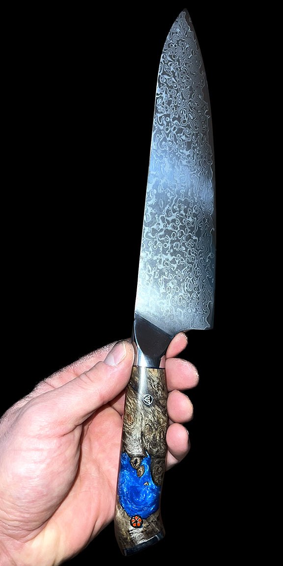 Stablize burl wood and resin knife handle with damascus steel