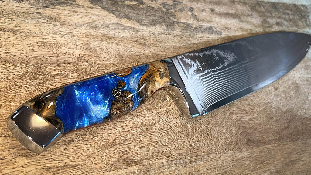 Stablize burl wood and resin knife handle with damascus steel