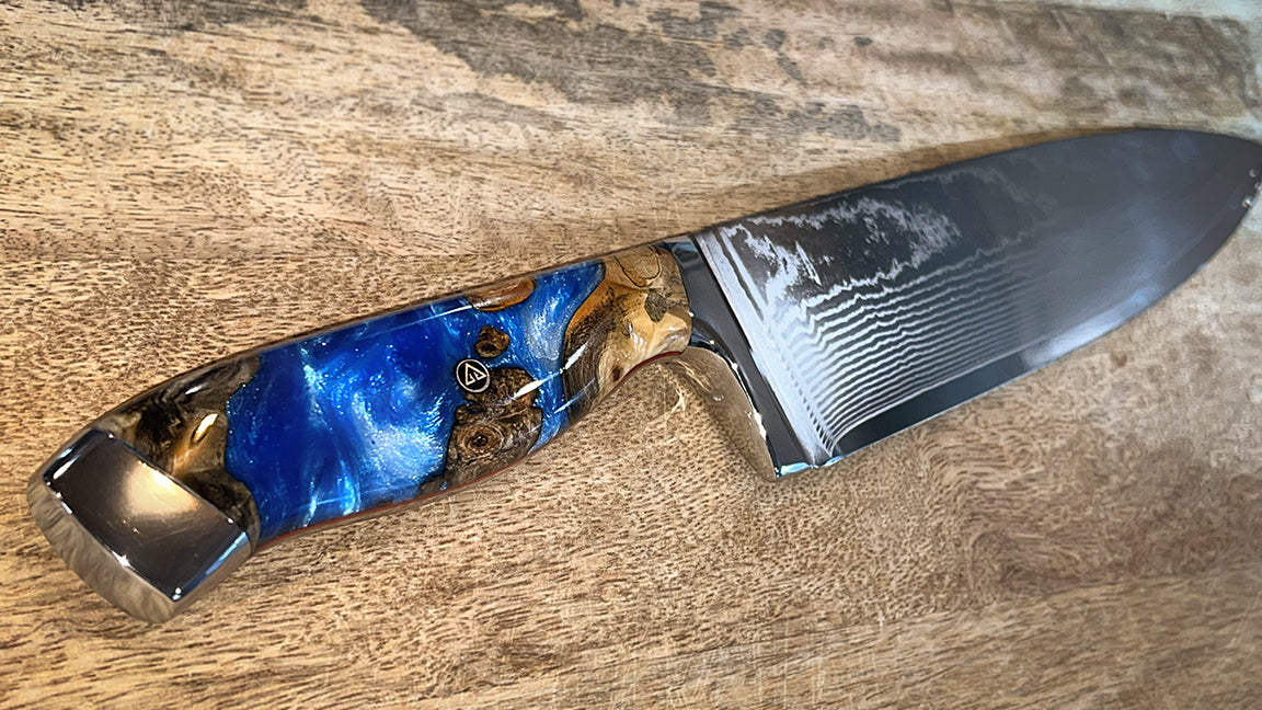 Stablize burl wood and resin knife handle with damascus steel