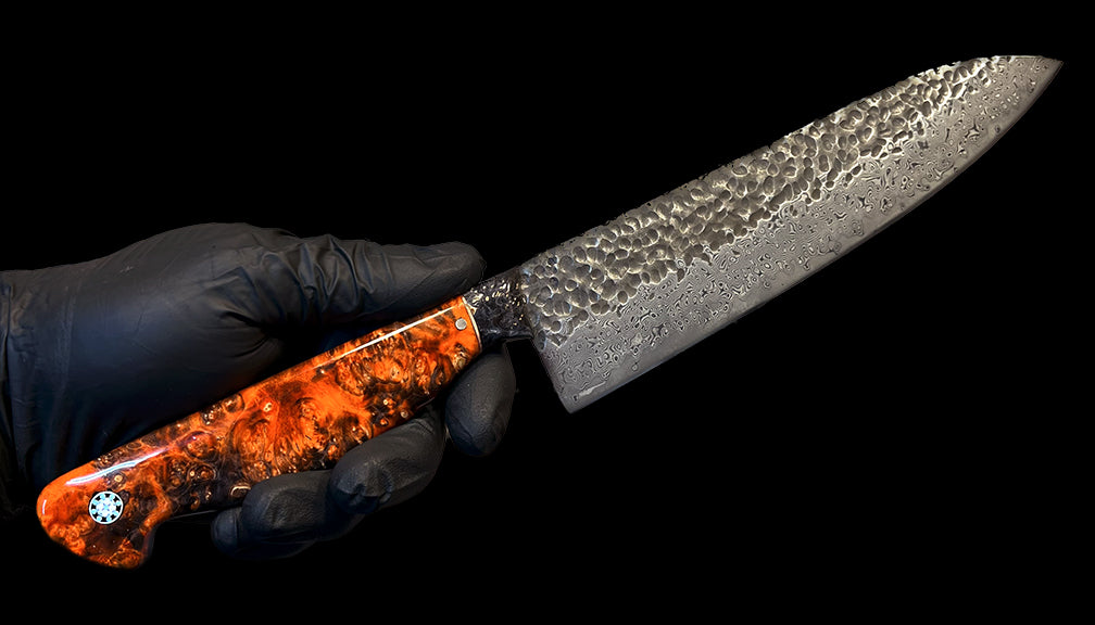 Stablize burl wood and resin knife handle with damascus steel