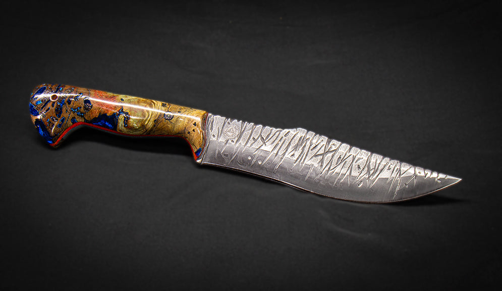 13.3" Böhler N690 Hunting/Skinner w/Hamon, Flame Box Elder Burl in Ocean Blue Resin, Red Liners
