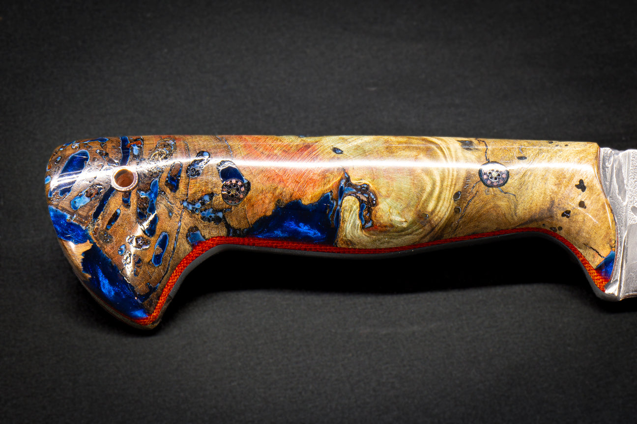 13.3" Böhler N690 Hunting/Skinner w/Hamon, Flame Box Elder Burl in Ocean Blue Resin, Red Liners