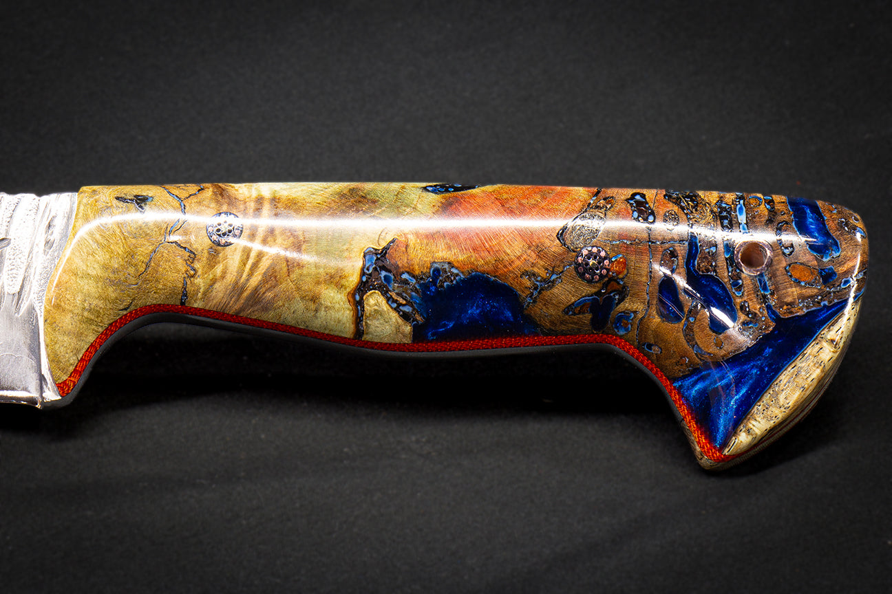 13.3" Böhler N690 Hunting/Skinner w/Hamon, Flame Box Elder Burl in Ocean Blue Resin, Red Liners