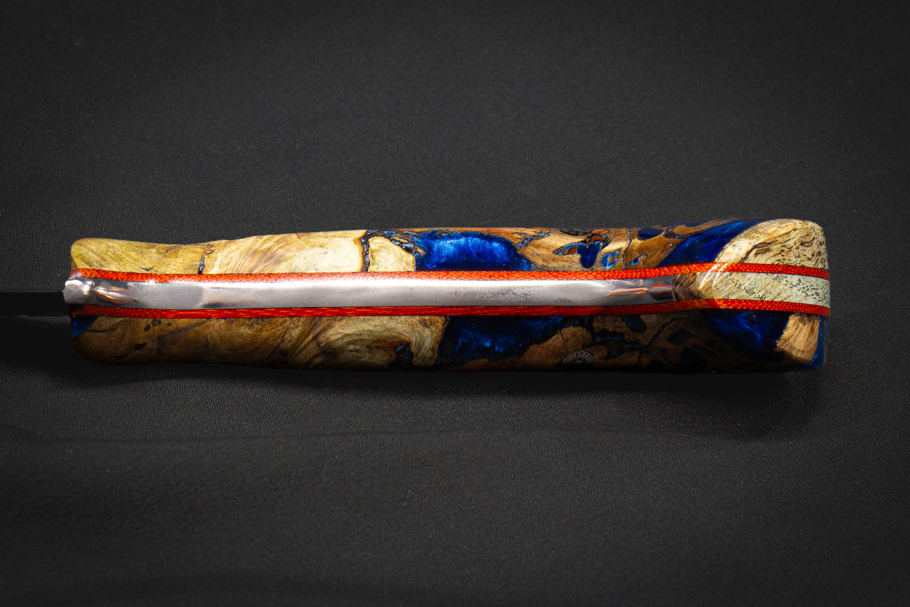 13.3" Böhler N690 Hunting/Skinner w/Hamon, Flame Box Elder Burl in Ocean Blue Resin, Red Liners