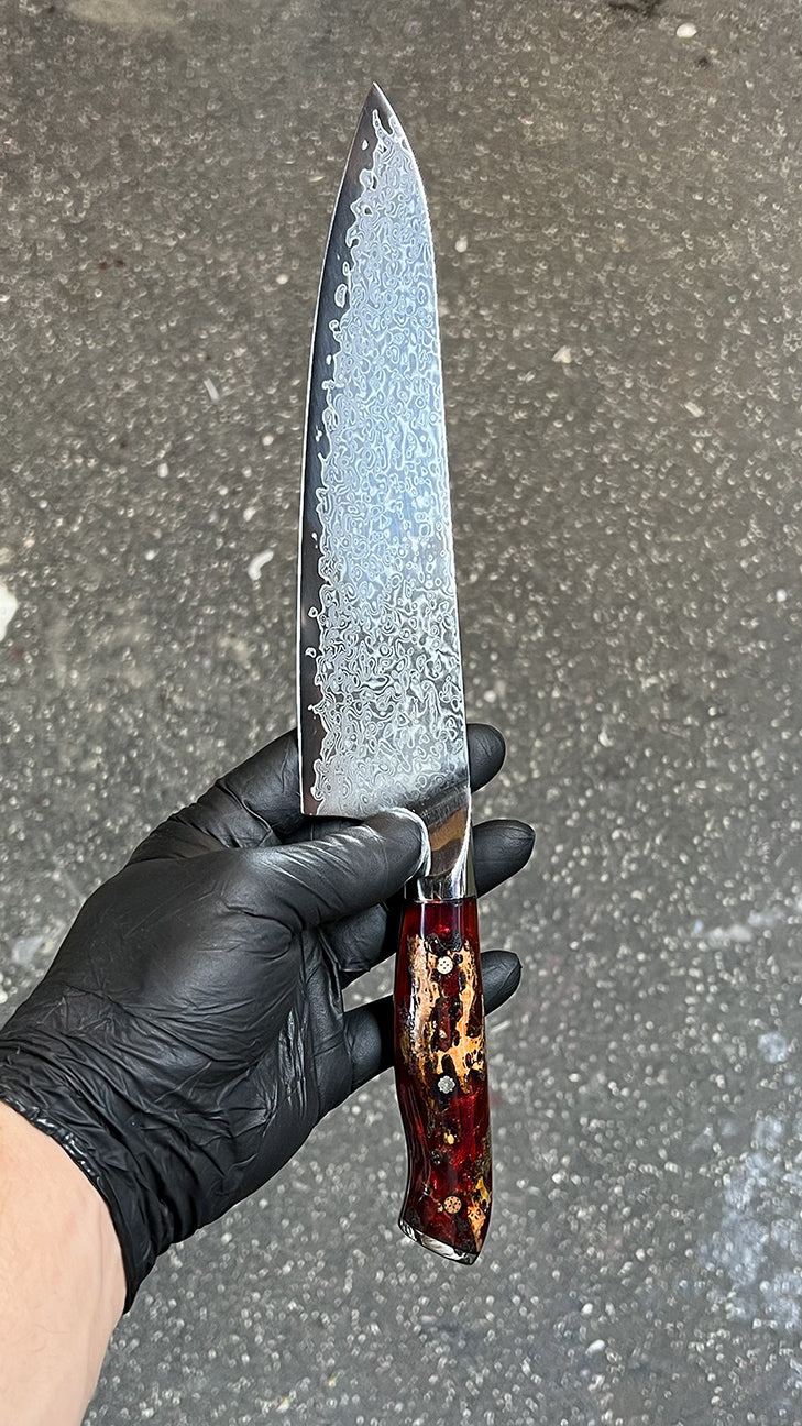 Stablize burl wood and resin knife handle with damascus steel