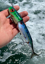 Fishing lure held by a hand with water in the background