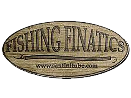 Oval-shaped sign with 'Fishing Finatics' text and website URL on a white background