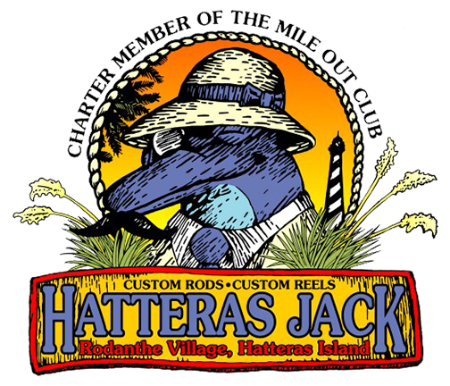 Logo of Hatteras Jack, featuring a blue alligator with a straw hat and lighthouse in the background.