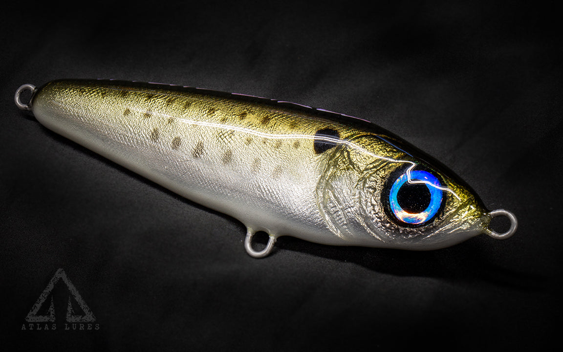 Hand Poured Resin Fishing lure with detailed design on a dark background 