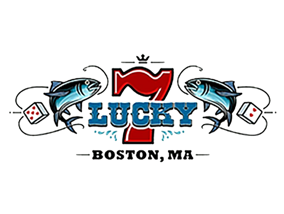 Logo with fish illustrations, a red heart, and text 'Lucky Boston, MA' on a white background