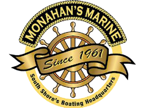 Monahan's Marine logo with a ship's wheel and banner on a white background
