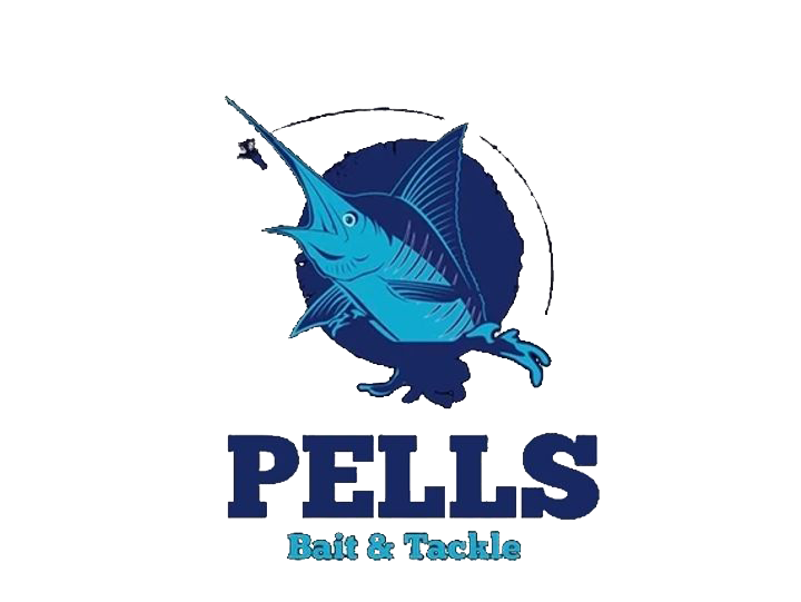 Logo of Pells Bait & Tackle with a blue fish illustration on a white background