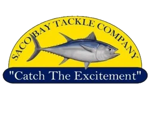 Logo of Saco Bay Tackle Company with a fish illustration on a yellow and blue background.